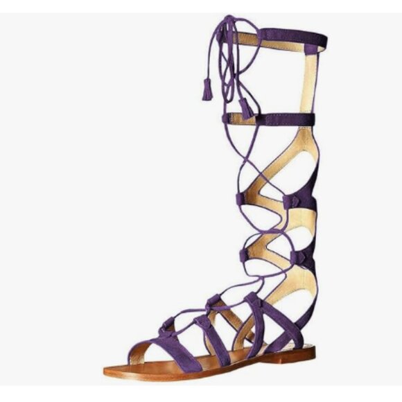 YDN Purple Sexy Knee High Lace up Flats Fringe Low Heel Gladiator Strap Sandals - Picture 1 of 8
